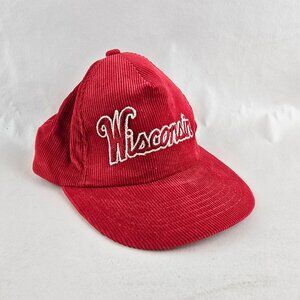 Wisconsin Corduroy Snapback Hat Red Script Logo Vintage Style Yupoong USA Badger